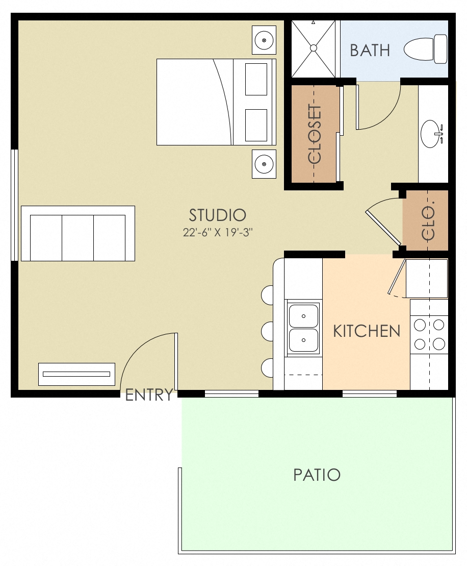 Floor plan for studio, 1 bath, 550 sqft